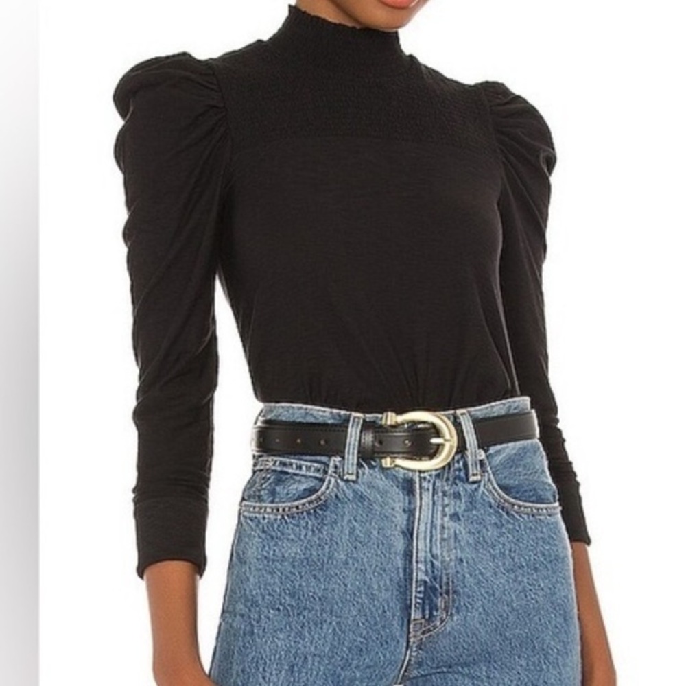 Nation LTD Zahara Smocked Collar Long Sleeve Mock Neck T Shirt/Top. XS. Black.